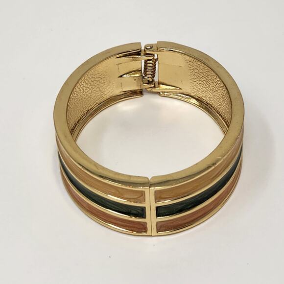 Gold Tone Wide Clamper Hinge Cuff Bracelet Cream Green Orange Shimmer Enamel - Picture 3 of 6